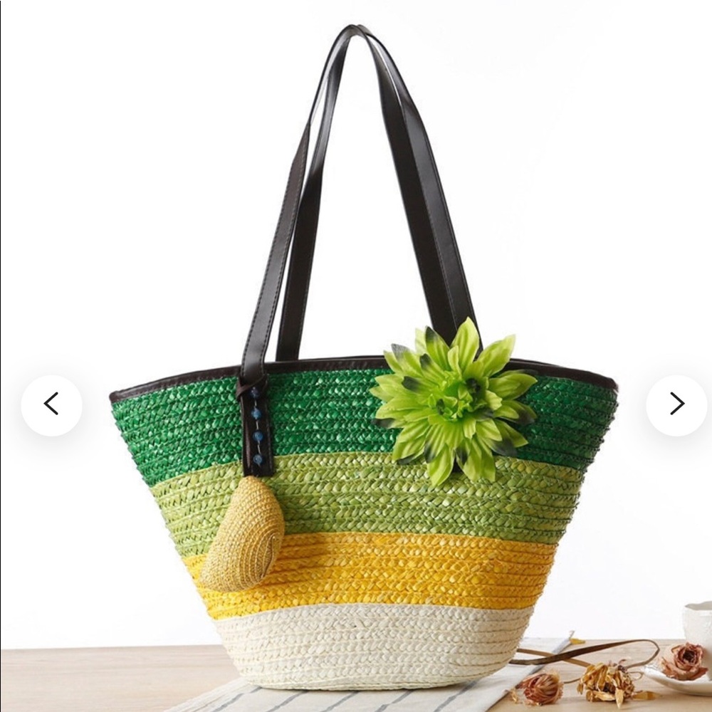 Natural Straw Basket with Flower, Colorful Beach Bag, Hand Woven Contrast Color